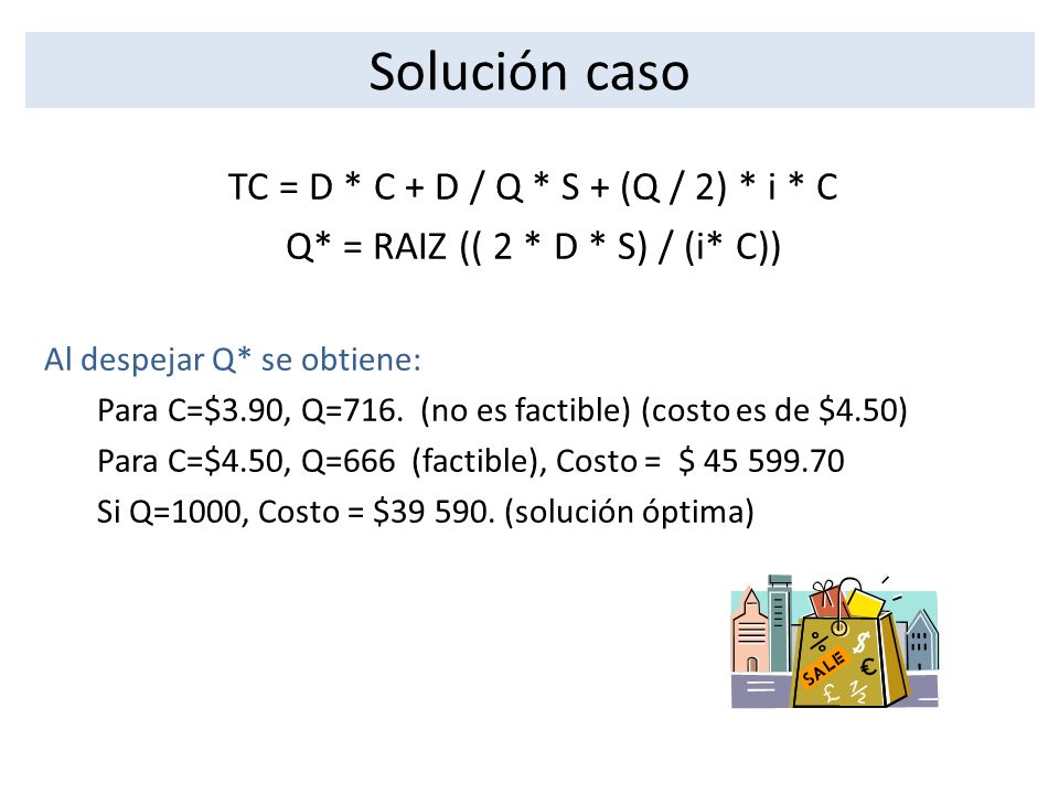 Solución caso TC = D * C + D / Q * S + (Q / 2) * i * C