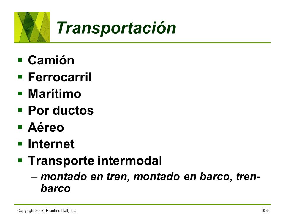 Transportación Camión Ferrocarril Marítimo Por ductos Aéreo Internet