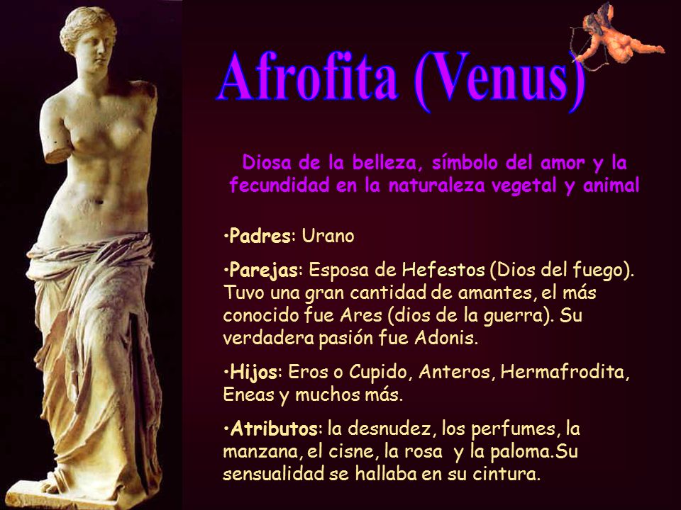 * Afrofita (Venus) Diosa de la belleza, símbolo del amor y la fecundidad en la naturaleza vegetal y animal.