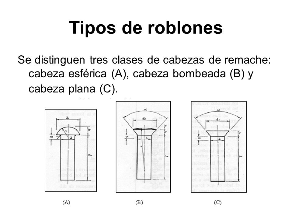 Tipos de roblones Se distinguen tres clases de cabezas de remache: cabeza esférica (A), cabeza bombeada (B) y cabeza plana (C).