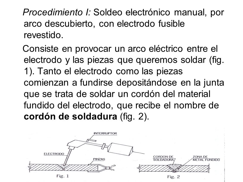 Procedimiento I: Soldeo electrónico manual, por arco descubierto, con electrodo fusible revestido.