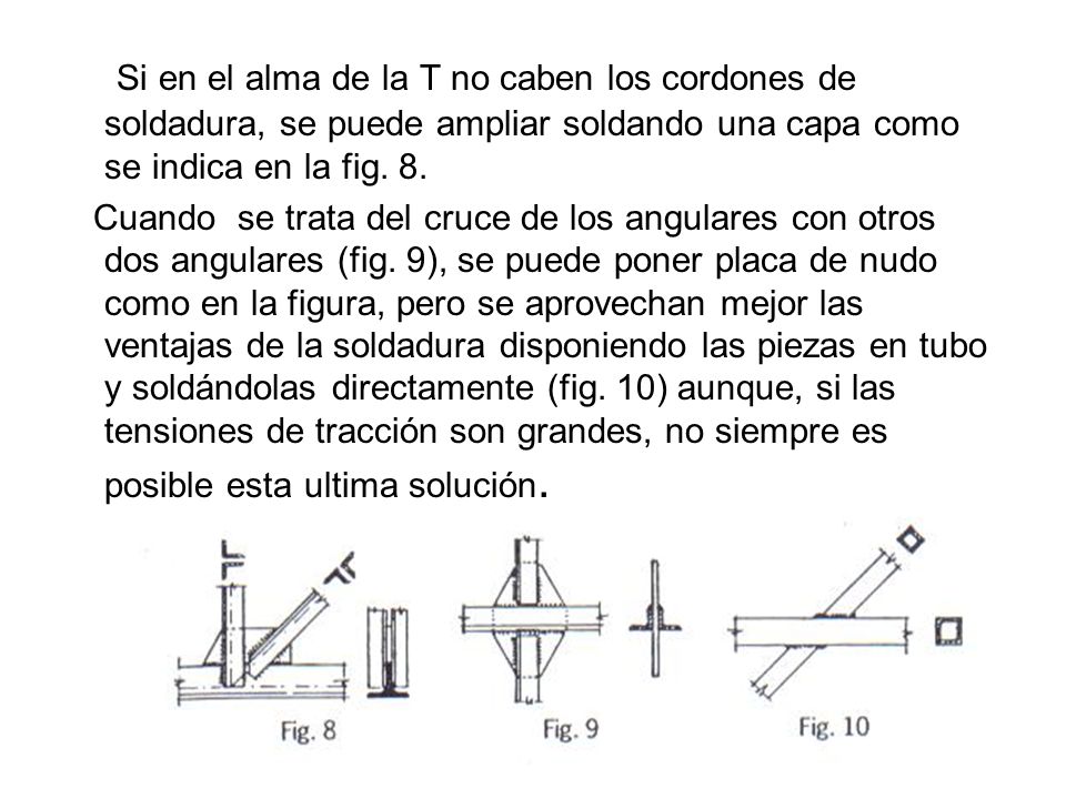 Si en el alma de la T no caben los cordones de soldadura, se puede ampliar soldando una capa como se indica en la fig. 8.