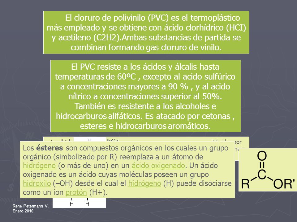 El cloruro de polivinilo (PVC) es el termoplástico más empleado y se obtiene con ácido clorhídrico (HCI) y acetileno (C2H2).Ambas substancias de partida se combinan formando gas cloruro de vinilo.