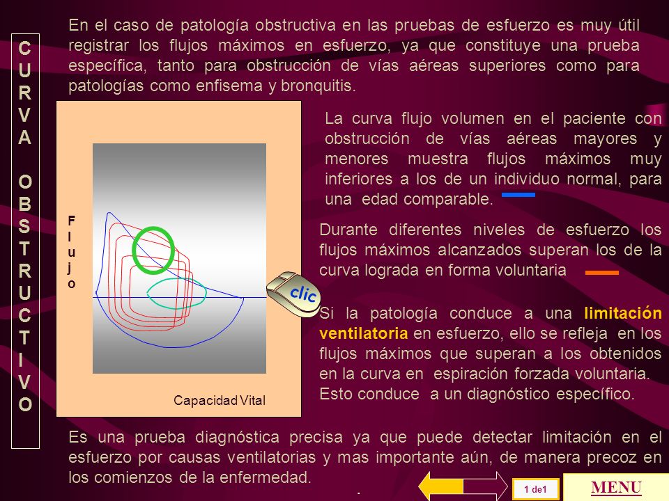 En el caso de patología obstructiva en las pruebas de esfuerzo es muy útil registrar los flujos máximos en esfuerzo, ya que constituye una prueba específica, tanto para obstrucción de vías aéreas superiores como para patologías como enfisema y bronquitis.