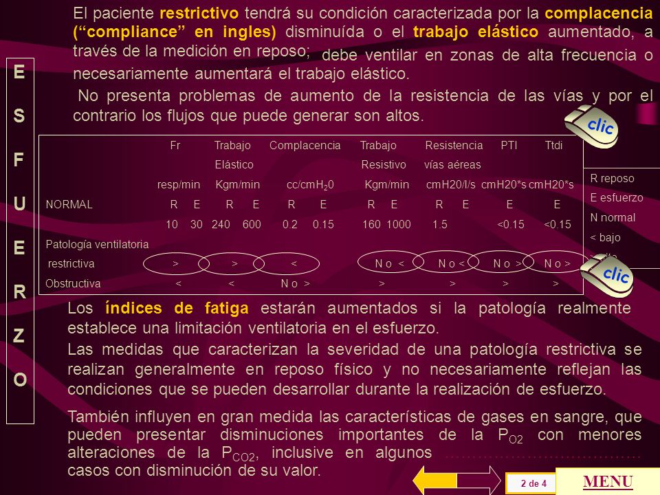 El paciente restrictivo tendrá su condición caracterizada por la complacencia ( compliance en ingles) disminuída o el trabajo elástico aumentado, a través de la medición en reposo;
