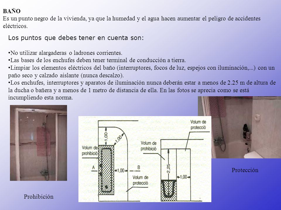 BAÑO Es un punto negro de la vivienda, ya que la humedad y el agua hacen aumentar el peligro de accidentes eléctricos.