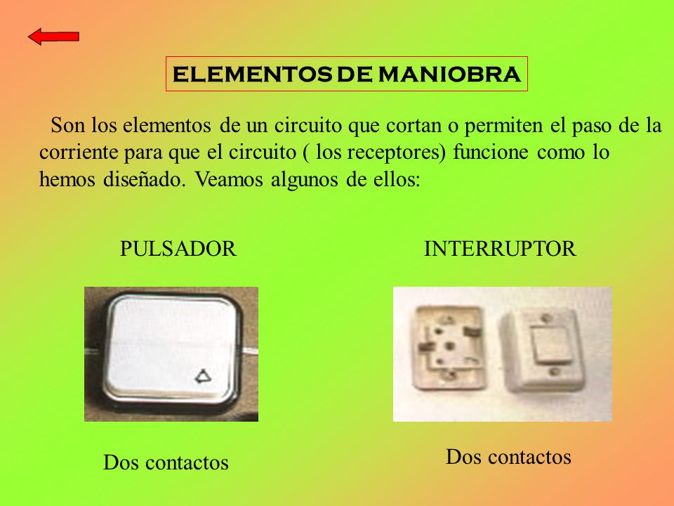 ELEMENTOS DE MANIOBRA Son los elementos de un circuito que cortan o permiten el paso de la.
