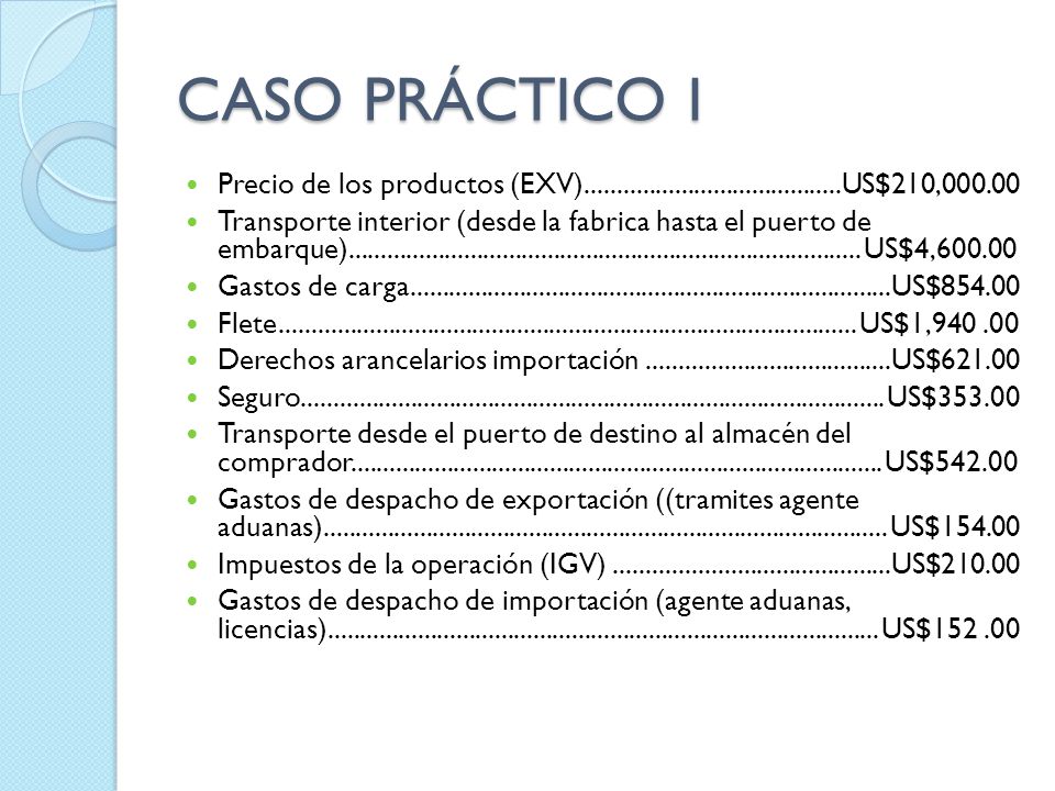CASO PRÁCTICO I Precio de los productos (EXV) US$210,
