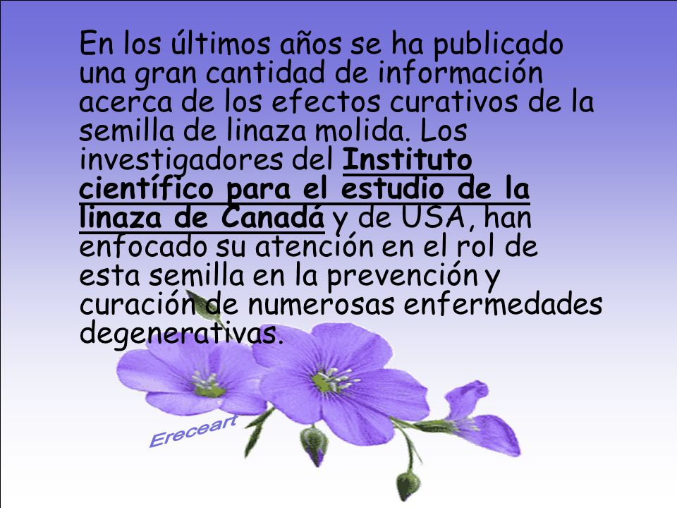 En los últimos años se ha publicado una gran cantidad de información acerca de los efectos curativos de la semilla de linaza molida. Los investigadores del Instituto científico para el estudio de la linaza de Canadá y de USA, han enfocado su atención en el rol de esta semilla en la prevención y curación de numerosas enfermedades degenerativas.