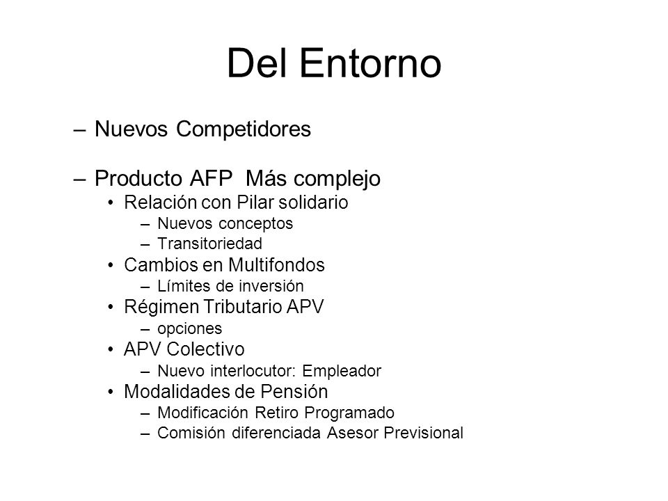 Del Entorno Nuevos Competidores Producto AFP Más complejo