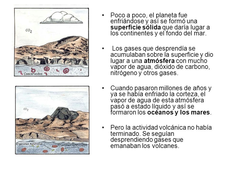 Poco a poco, el planeta fue enfriándose y así se formó una superficie sólida que daría lugar a los continentes y el fondo del mar.