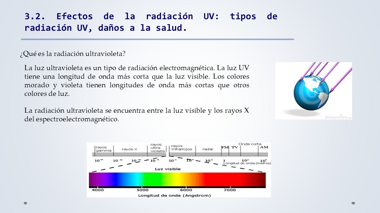 3.2. Efectos de la radiación UV: tipos de radiación UV, daños a la salud.