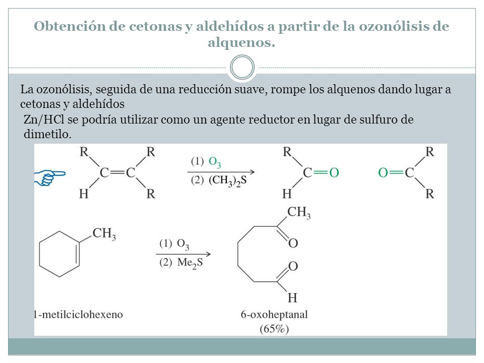 Obtención de cetonas y aldehídos a partir de la ozonólisis de alquenos.
