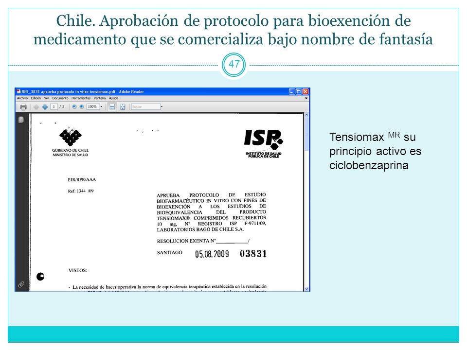 Chile. Aprobación de protocolo para bioexención de medicamento que se comercializa bajo nombre de fantasía