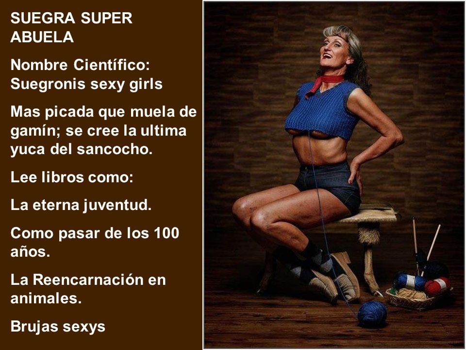 SUEGRA SUPER ABUELA Nombre Científico: Suegronis sexy girls. Mas picada que muela de gamín; se cree la ultima yuca del sancocho.