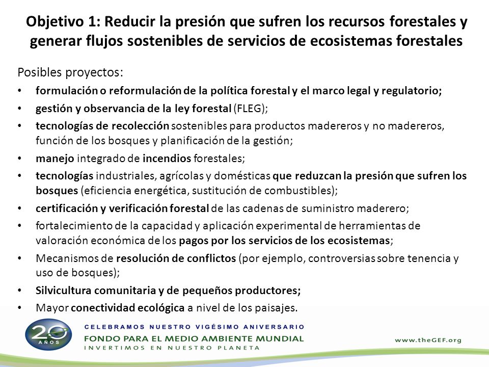 Objetivo 1: Reducir la presión que sufren los recursos forestales y generar flujos sostenibles de servicios de ecosistemas forestales