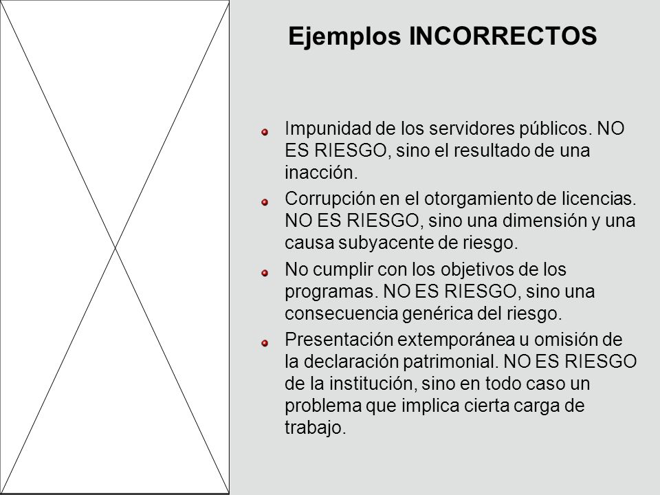 Ejemplos INCORRECTOS Impunidad de los servidores públicos. NO ES RIESGO, sino el resultado de una inacción.