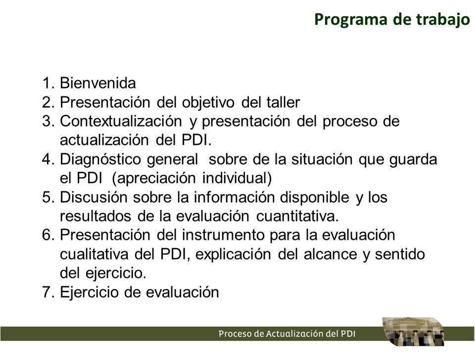 Programa de trabajo Bienvenida Presentación del objetivo del taller