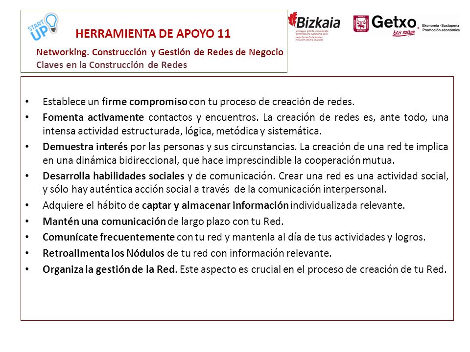 HERRAMIENTA DE APOYO 11 Networking. Construcción y Gestión de Redes de Negocio Claves en la Construcción de Redes.