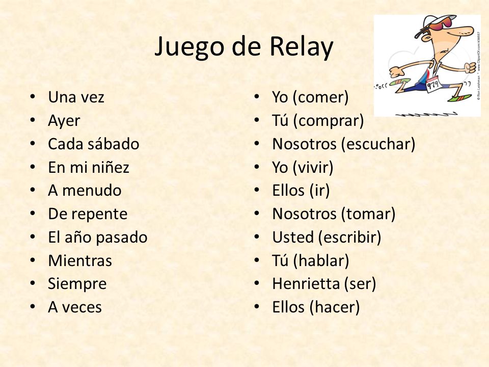 Juego de Relay Una vez Ayer Cada sábado En mi niñez A menudo