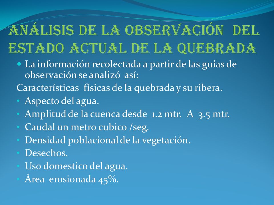 Análisis de la observación del estado actual de la quebrada