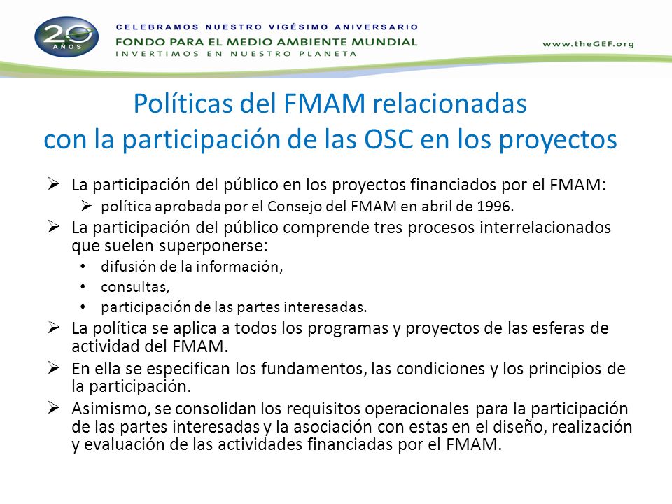 Políticas del FMAM relacionadas con la participación de las OSC en los proyectos