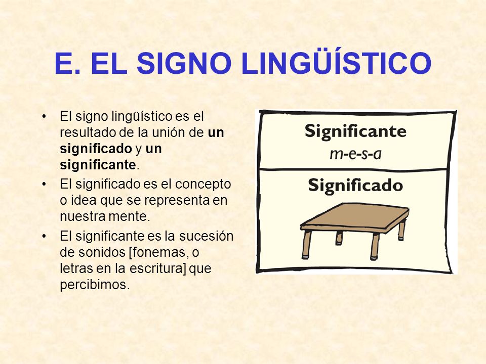 E. EL SIGNO LINGÜÍSTICO El signo lingüístico es el resultado de la unión de un significado y un significante.
