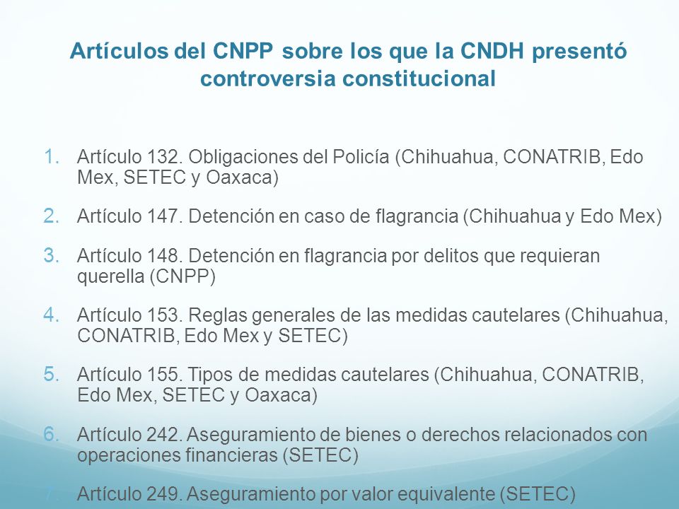 Artículos del CNPP sobre los que la CNDH presentó controversia constitucional