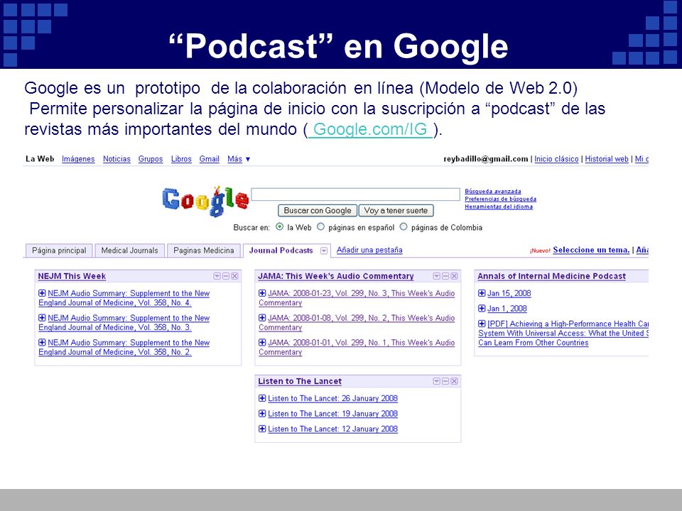 Podcast en Google Google es un prototipo de la colaboración en línea (Modelo de Web 2.0)