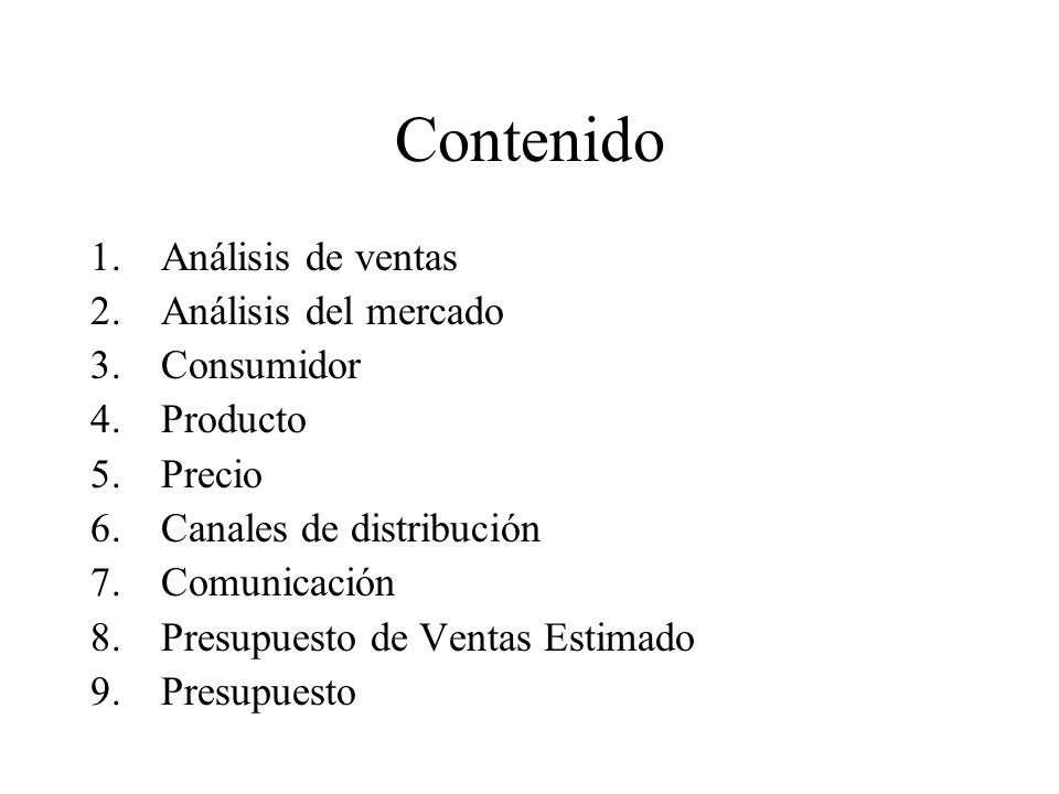Contenido Análisis de ventas Análisis del mercado Consumidor Producto