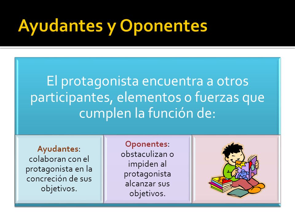 Ayudantes y Oponentes El protagonista encuentra a otros participantes, elementos o fuerzas que cumplen la función de: