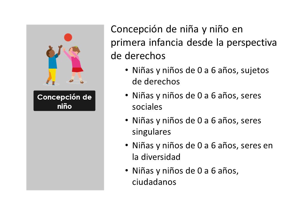 Concepción de niño Concepción de niña y niño en primera infancia desde la perspectiva de derechos. Niñas y niños de 0 a 6 años, sujetos de derechos.