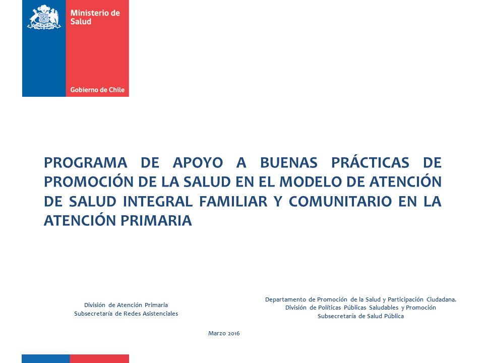 PROGRAMA DE APOYO A BUENAS PRÁCTICAS DE PROMOCIÓN DE LA SALUD EN EL MODELO DE ATENCIÓN DE SALUD INTEGRAL FAMILIAR Y COMUNITARIO EN LA ATENCIÓN PRIMARIA