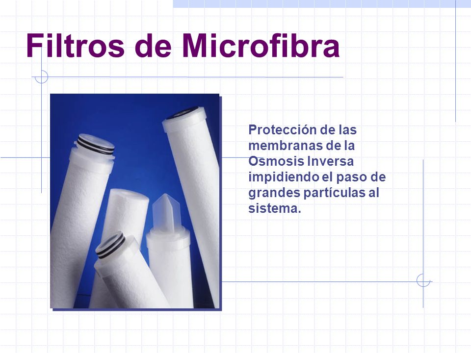 Filtros de Microfibra Protección de las membranas de la Osmosis Inversa impidiendo el paso de grandes partículas al sistema.