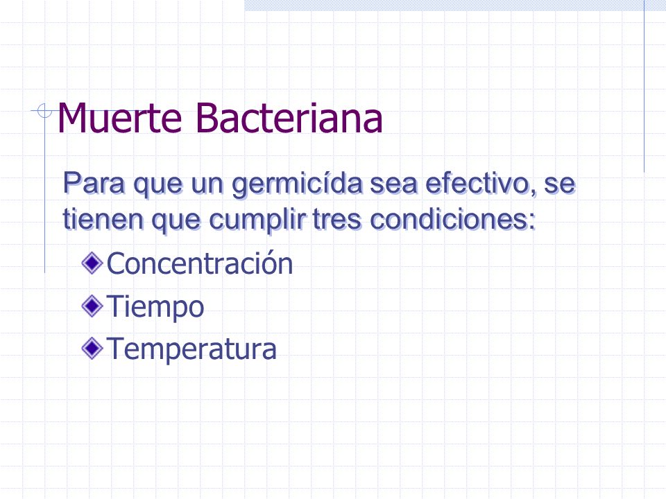 Muerte Bacteriana Para que un germicída sea efectivo, se tienen que cumplir tres condiciones: Concentración.