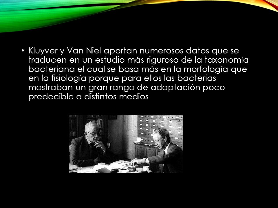 Kluyver y Van Niel aportan numerosos datos que se traducen en un estudio más riguroso de la taxonomía bacteriana el cual se basa más en la morfología que en la fisiología porque para ellos las bacterias mostraban un gran rango de adaptación poco predecible a distintos medios