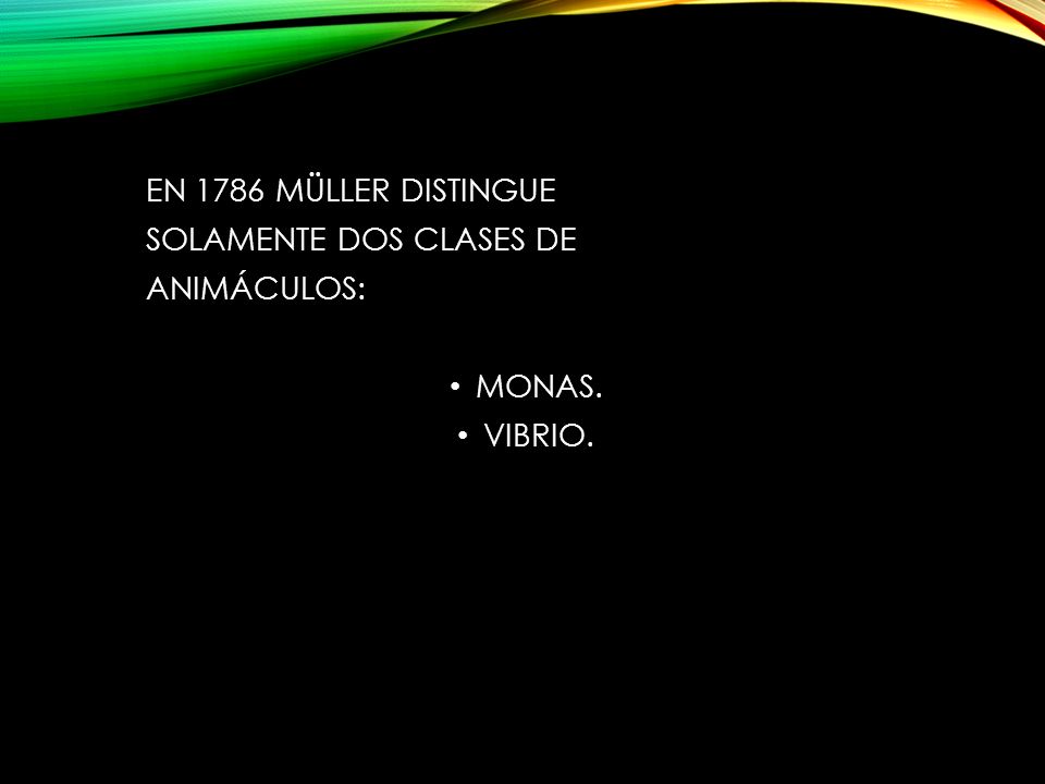 EN 1786 MÜLLER DISTINGUE SOLAMENTE DOS CLASES DE ANIMÁCULOS: MONAS. VIBRIO.