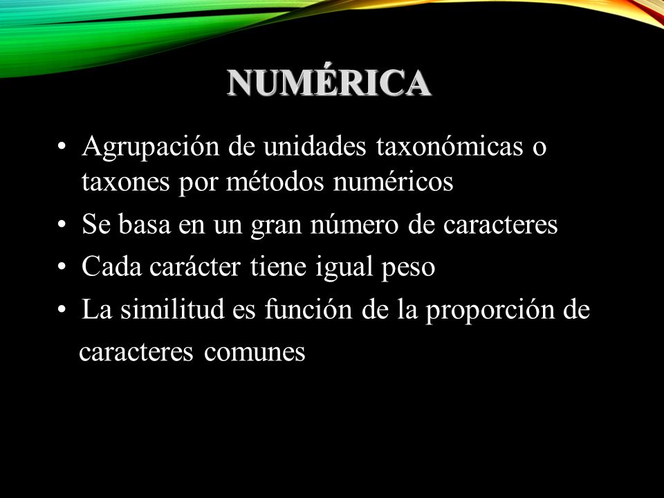 NUMÉRICA Agrupación de unidades taxonómicas o taxones por métodos numéricos. Se basa en un gran número de caracteres.