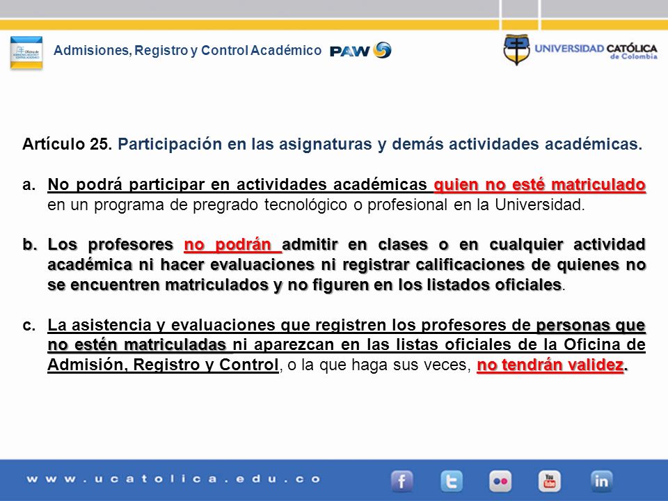 Artículo 25. Participación en las asignaturas y demás actividades académicas.