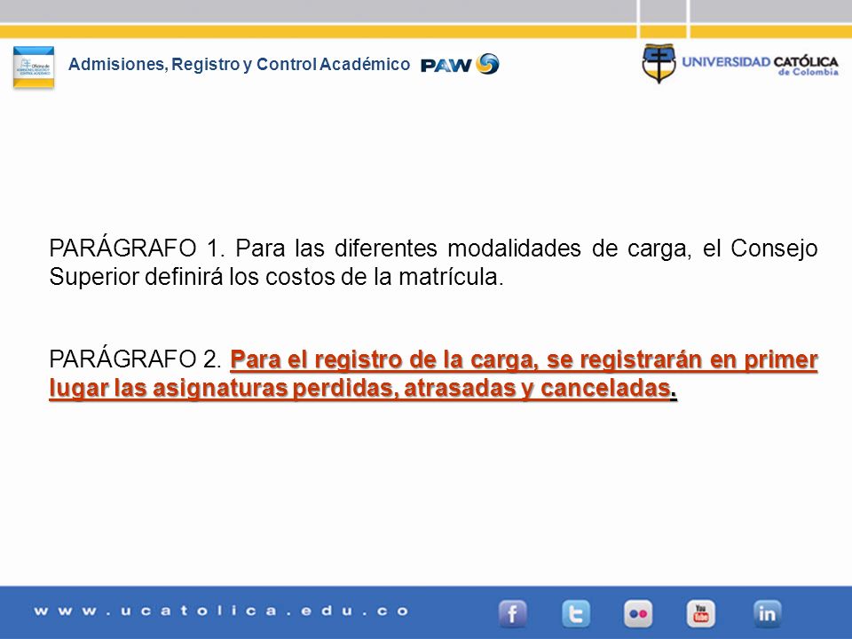 PARÁGRAFO 1. Para las diferentes modalidades de carga, el Consejo Superior definirá los costos de la matrícula.