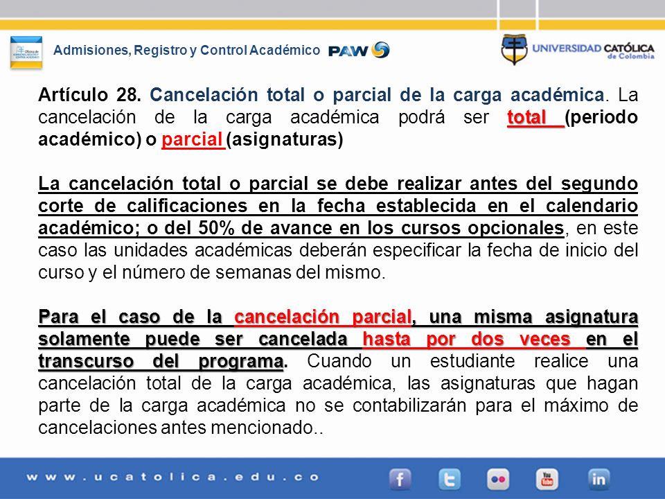 Artículo 28. Cancelación total o parcial de la carga académica