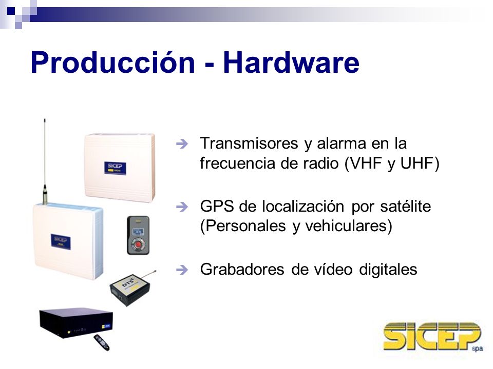 Producción - Hardware Transmisores y alarma en la frecuencia de radio (VHF y UHF) GPS de localización por satélite (Personales y vehiculares)