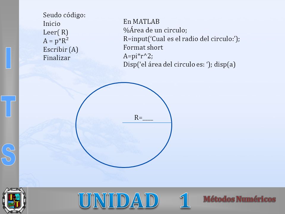 Seudo código: Inicio. Leer( R) A = p*R². Escribir (A) Finalizar. En MATLAB. %Área de un circulo;