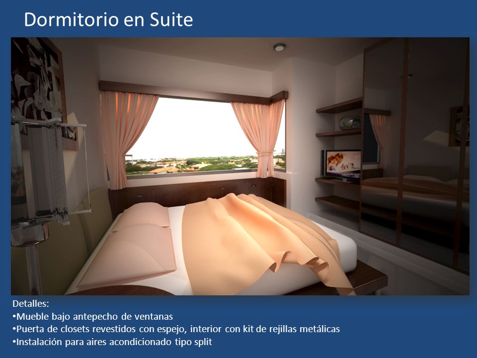 Dormitorio en Suite Detalles: Mueble bajo antepecho de ventanas