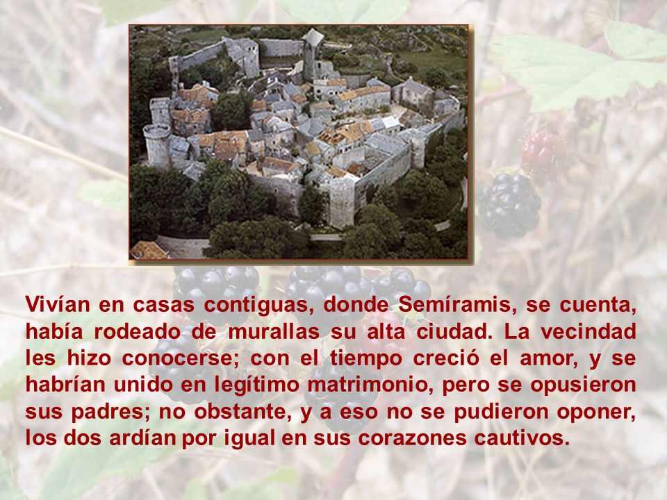 Vivían en casas contiguas, donde Semíramis, se cuenta, había rodeado de murallas su alta ciudad.
