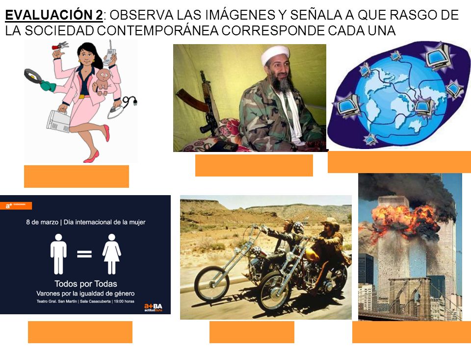 EVALUACIÓN 2: OBSERVA LAS IMÁGENES Y SEÑALA A QUE RASGO DE LA SOCIEDAD CONTEMPORÁNEA CORRESPONDE CADA UNA