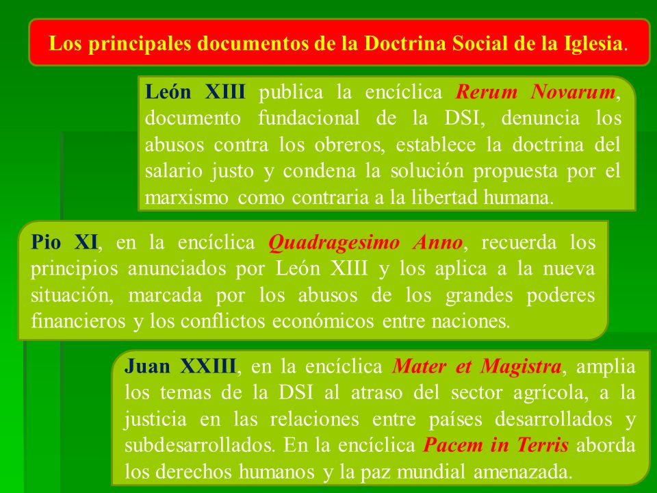 Los principales documentos de la Doctrina Social de la Iglesia.