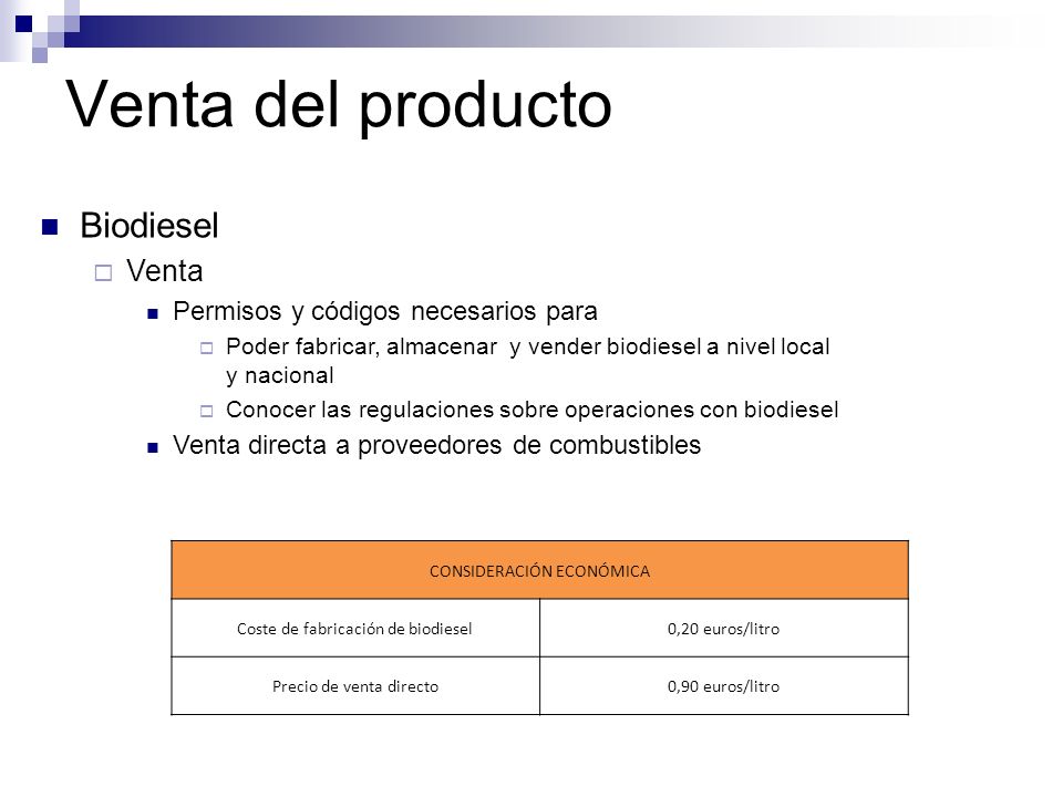 Venta del producto Biodiesel Venta Permisos y códigos necesarios para