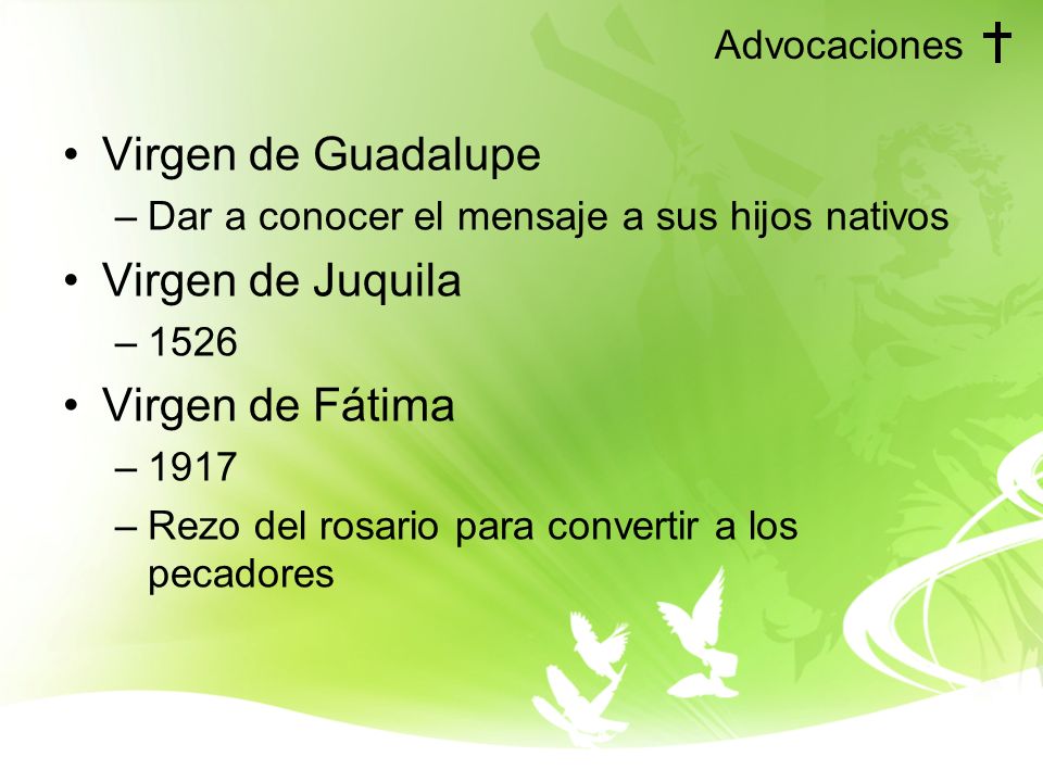 Virgen de Guadalupe Virgen de Juquila Virgen de Fátima Advocaciones