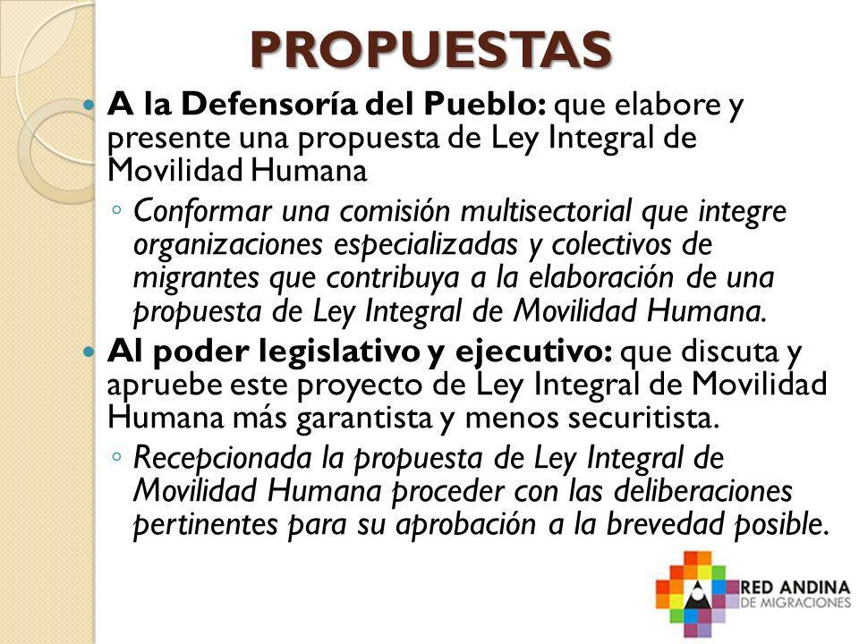 PROPUESTAS A la Defensoría del Pueblo: que elabore y presente una propuesta de Ley Integral de Movilidad Humana.